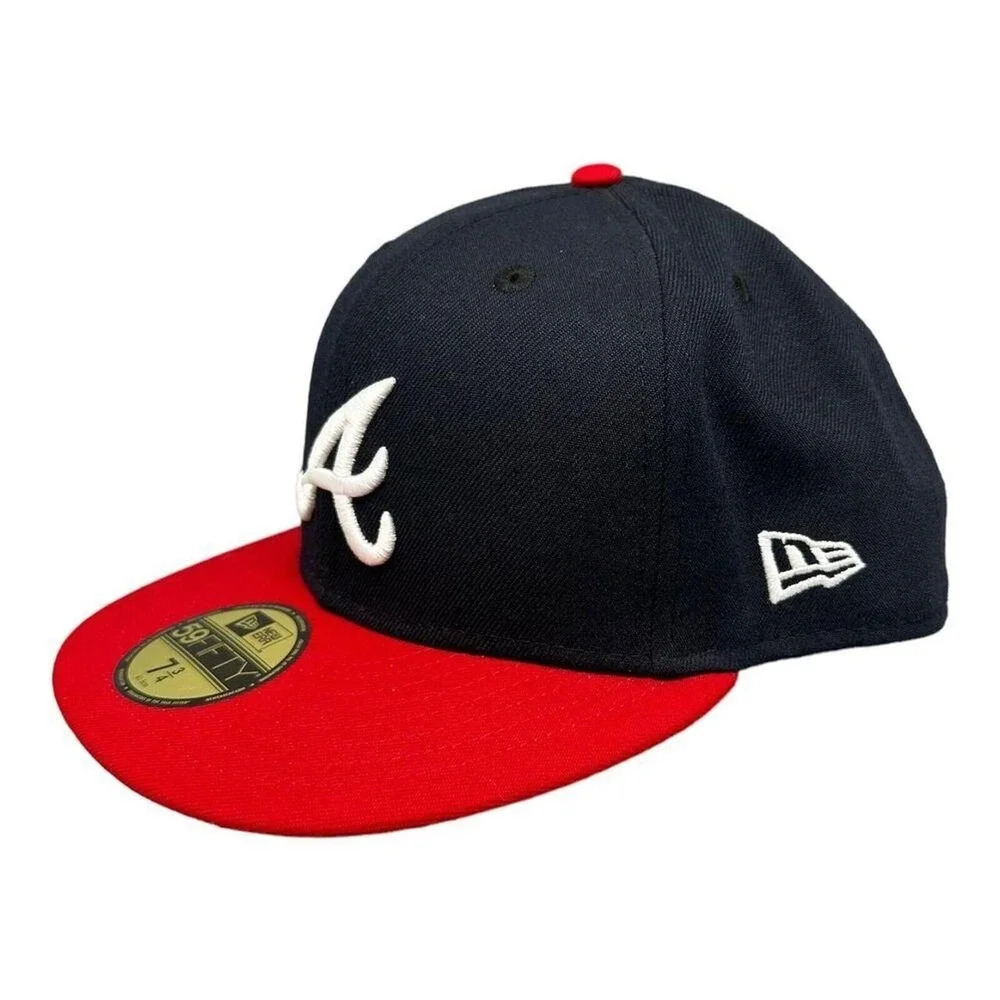 New Era 59Fifty Atlanta Braves Navy Blue Red Fitted Hat Men's Sz 7-3/4 NEW